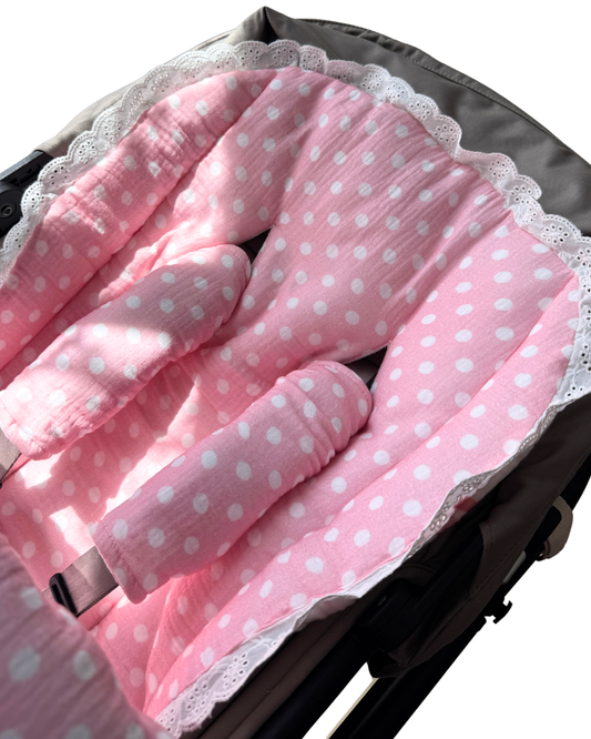 Lace Reversible Pram Essentials 3-Piece Set - Pink Bows (PRE ORDER | LATE OCTOBER)
