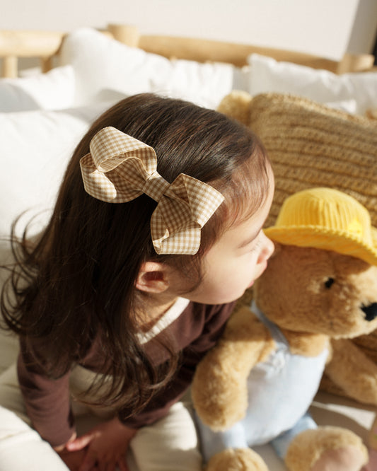 Gingham Bow Clip - Brown