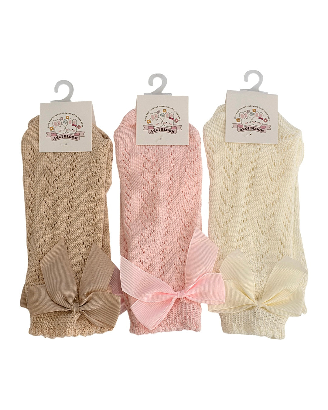 Lace Knit Knee-High Bow Socks - Pink