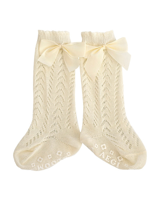 Lace Knit Knee-High Bow Socks - Ivory
