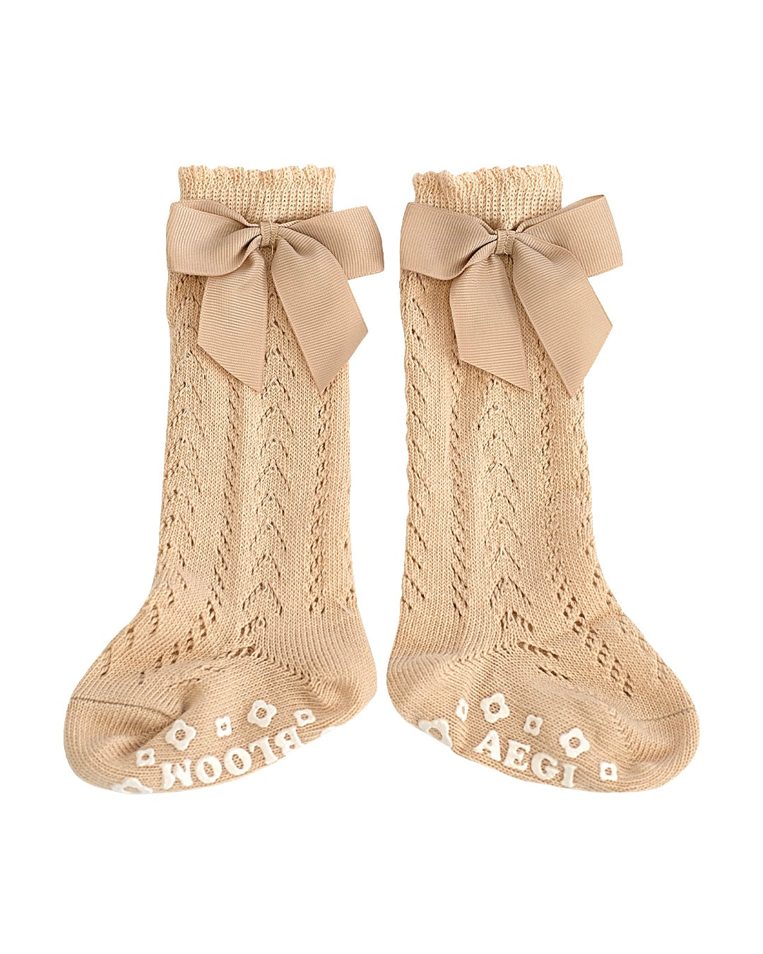 Lace Knit Knee-High Bow Socks - Beige