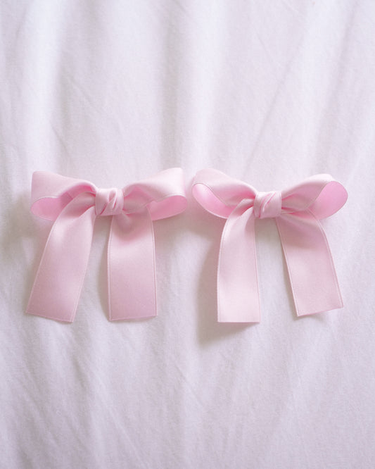 Classic Satin Bow Clip 2pc Set – Baby Pink