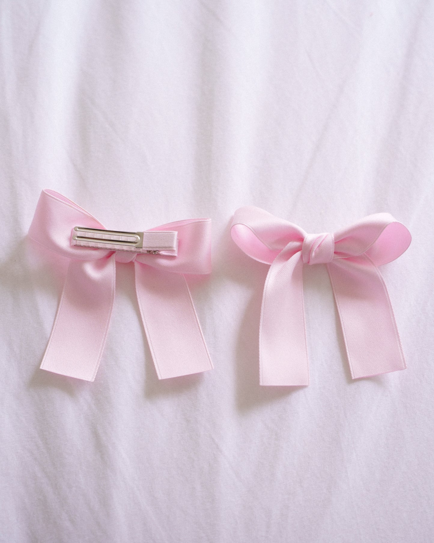 Classic Satin Bow Clip 2pc Set – Baby Pink