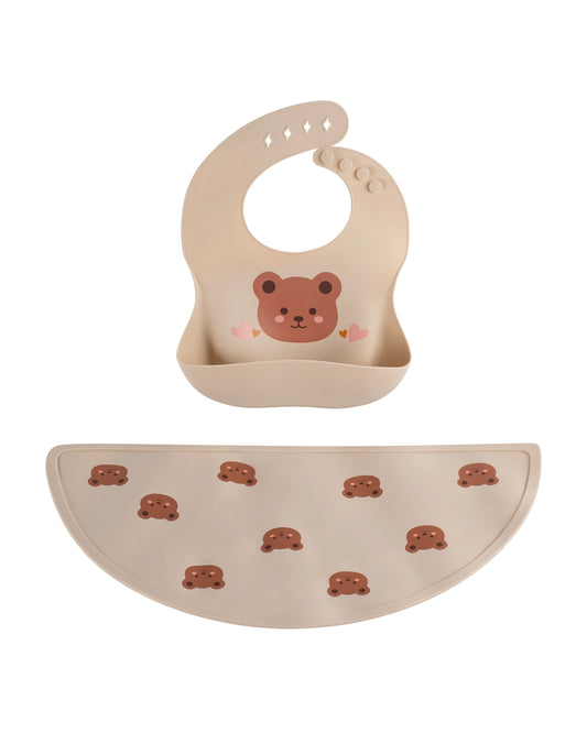 BPA-FREE 100% Silicone Bib and Mat Set - Teddy Bear