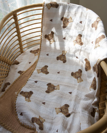 Organic Muslin Blanket - Teddy & Hearts