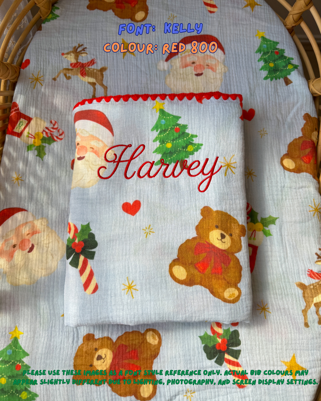 Reversible Organic Muslin Blanket - Dear Santa (Blue/Red edge)