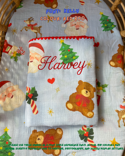 Reversible Organic Muslin Blanket - Dear Santa (Blue/Red edge)