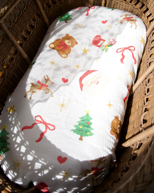 Organic Muslin Fitted Sheet - Dear Santa (White)