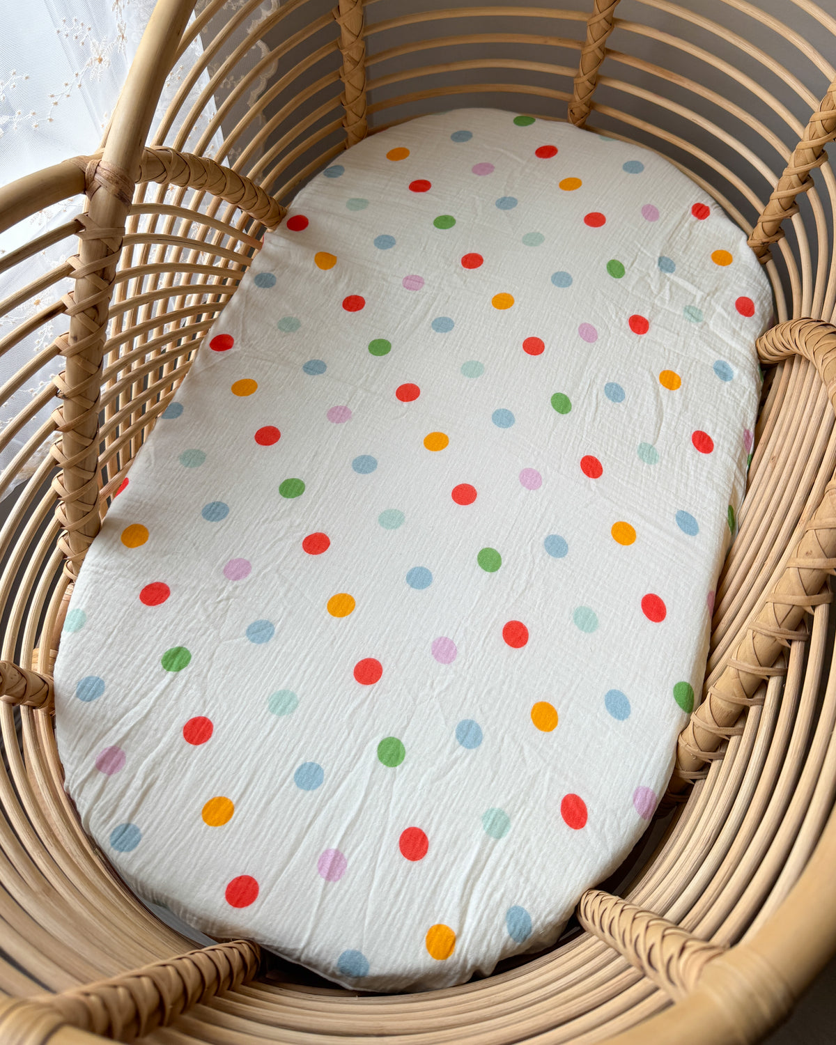 Organic Muslin Fitted Sheet -Rainbow Polkadot