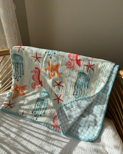 Reversible Organic Muslin Blanket - Sea Club