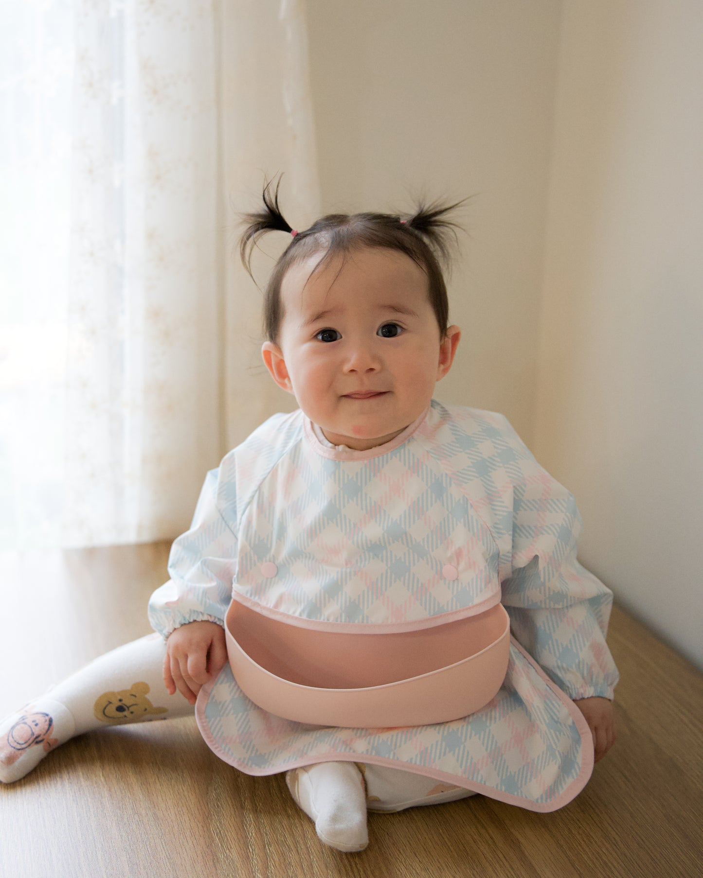 Waterproof Smock Bib with Detachable Silicone Catcher - Cloudberry Check
