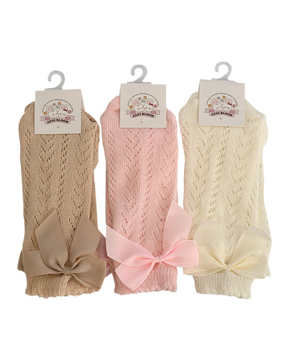 Lace Knit Knee-High Bow Socks - Beige