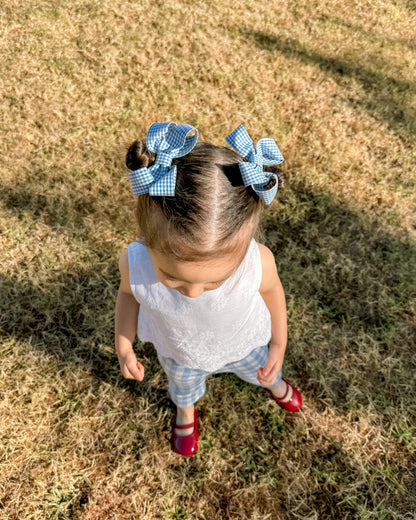Gingham Bow Clip - Blue