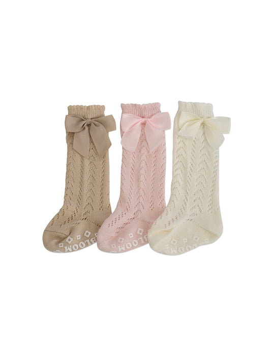 Lace Knit Knee-High Bow Socks - Pink