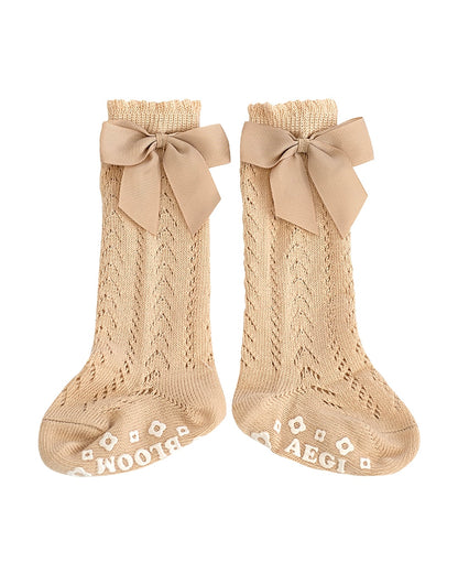 Lace Knit Knee-High Bow Socks - Beige