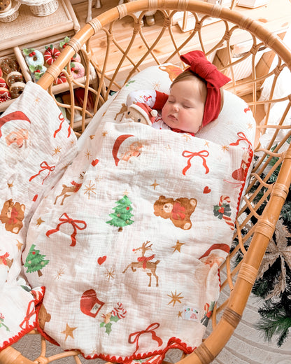 Reversible Organic Muslin Blanket - Dear Santa (Red)
