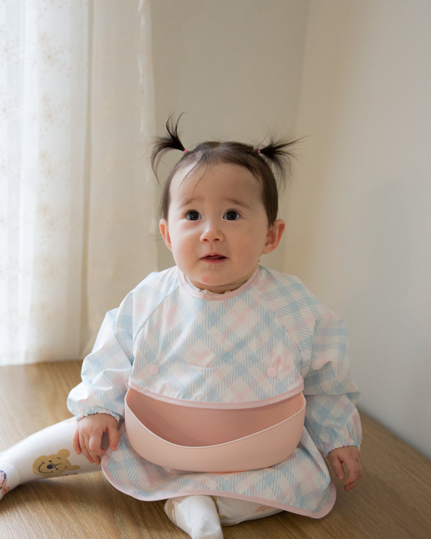 Waterproof Smock Bib with Detachable Silicone Catcher - Cloudberry Check