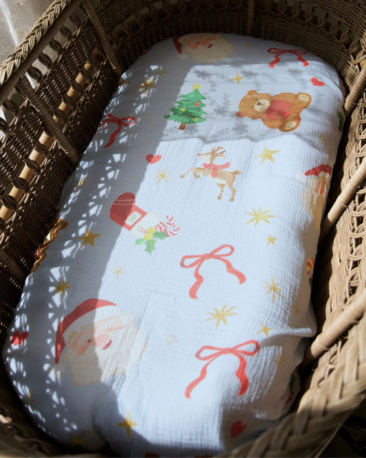 Organic Muslin Fitted Sheet - Dear Santa (Blue)
