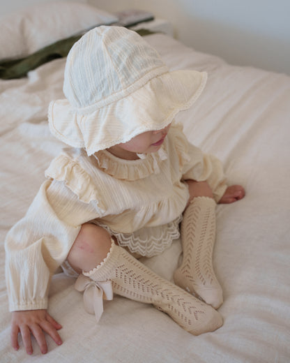 Lace Knit Knee-High Bow Socks - Beige