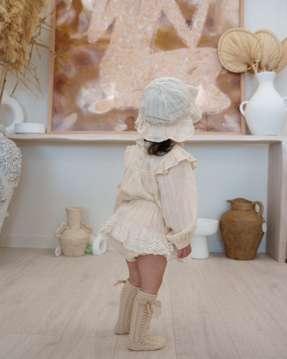 Lace Knit Knee-High Bow Socks - Beige