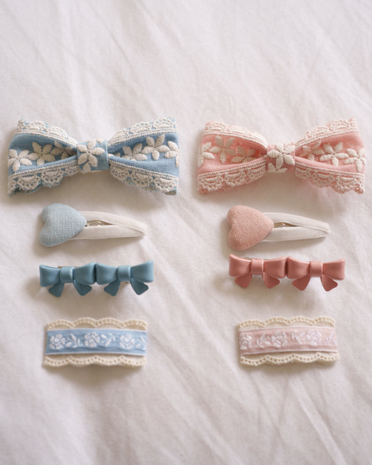 Vintage Lace Bow 4pc Clip Set - Blue