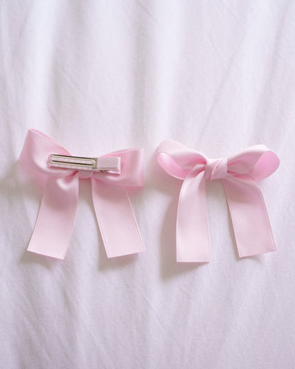Classic Satin Bow Clip 2pc Set – Baby Pink