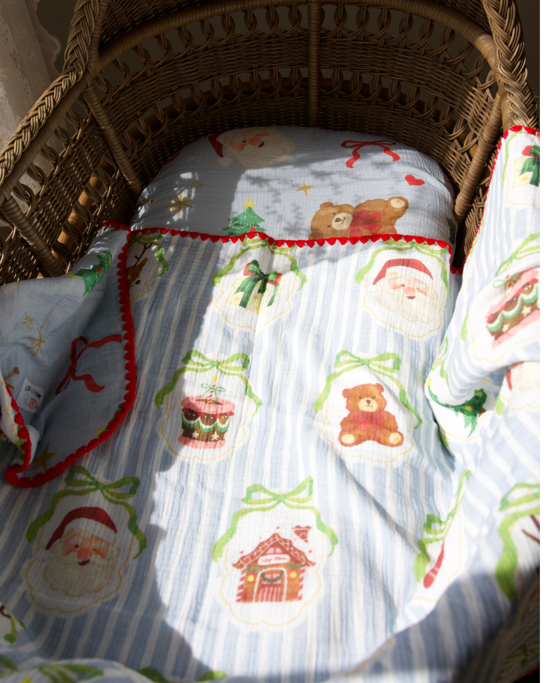 Reversible Organic Muslin Blanket - Dear Santa (Blue/Red edge)