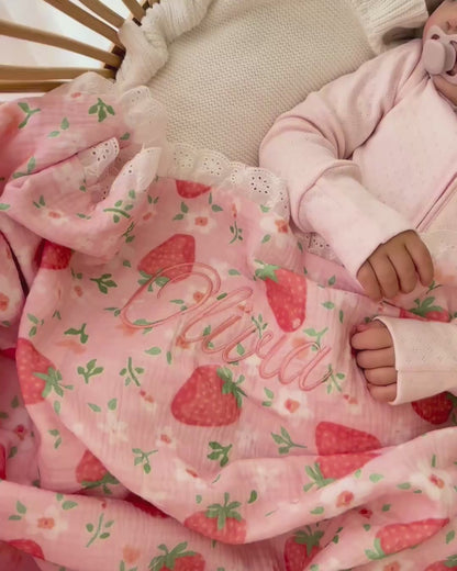 Reversible Organic Muslin Blanket - Strawberry Garden