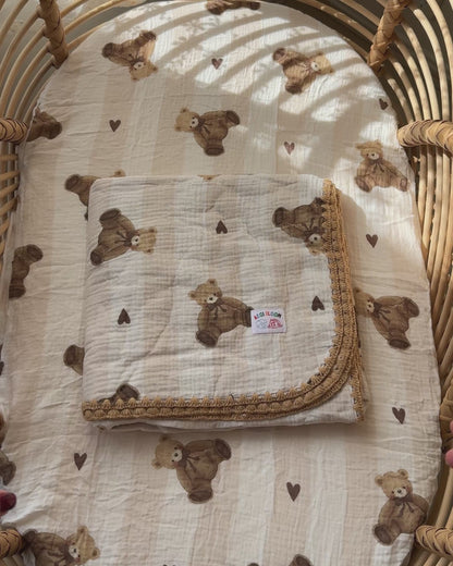 Organic Muslin Blanket - Teddy & Hearts